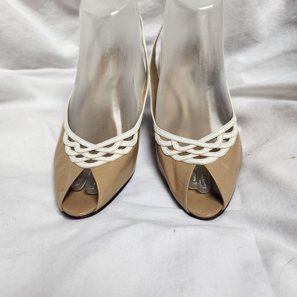 Bally Beige Peep-Toe Heels with White Trim
